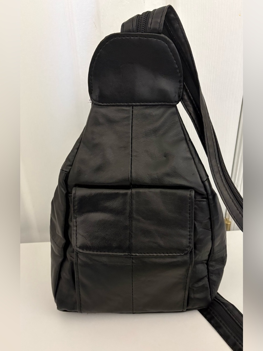 EMBASSY Black Lamb Leather Sling Backpack - Small